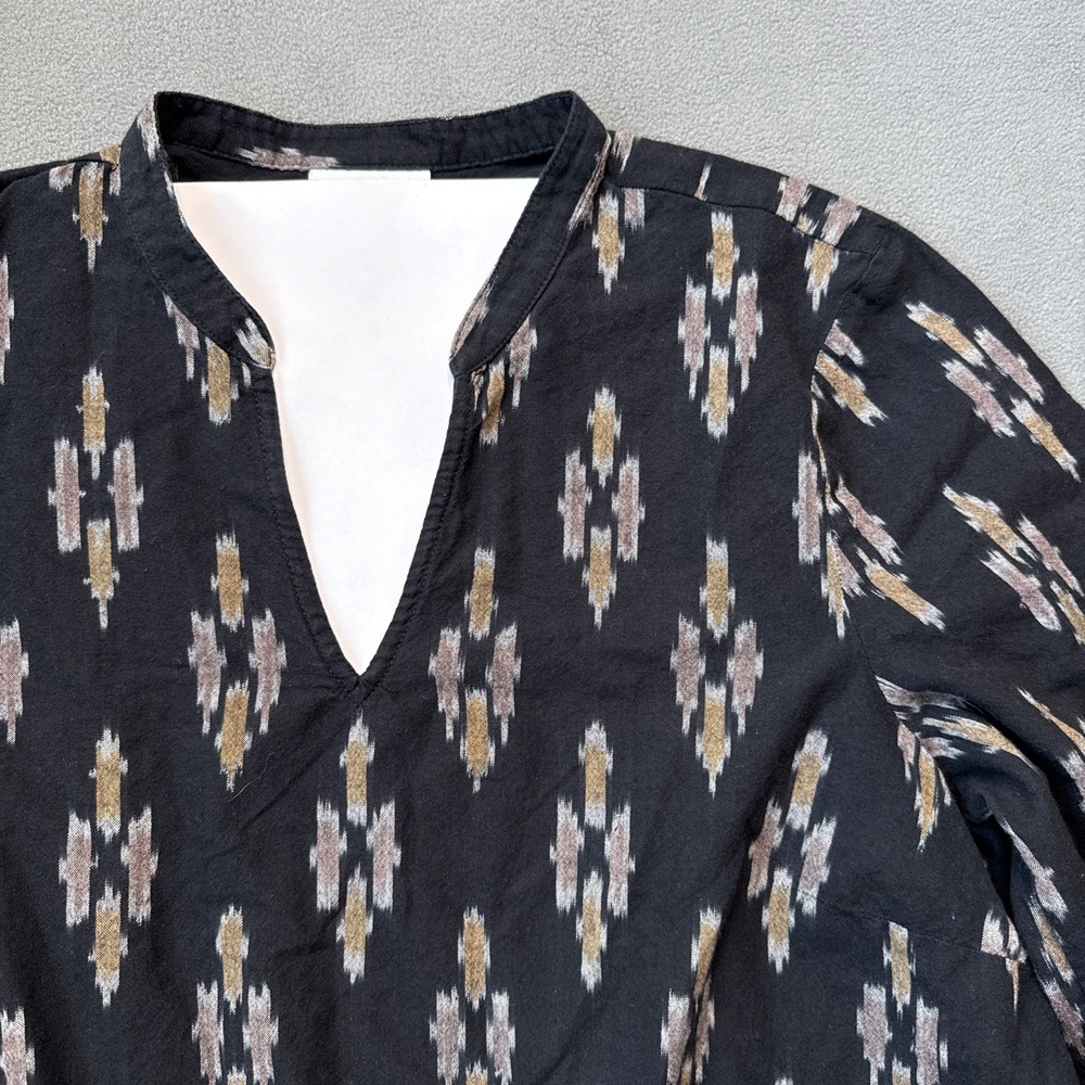 Pure Jill Elements Ikat Split Neck Top Medium Black 3/4 Sleeve‎ Cotton Boho Soft